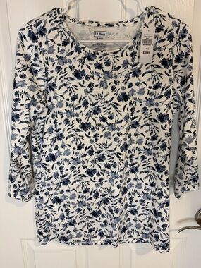 L.L. Bean Women's White Long-Sleeve Crewneck Top with Navy Floral Print NWT